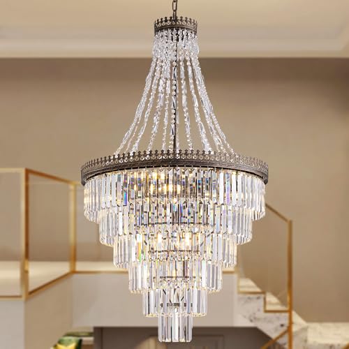 French Empire Vintage Crystal Staircase Chandelier (D28"H48"- Antique Bronze)