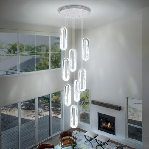 Modern Crystal Chandelier Adjustable 8 Rings Chandelier for Foyer Stairwell Crystal High Ceiling Pendant Light Dimmable 2700K (Silver / 8 Rings (New))