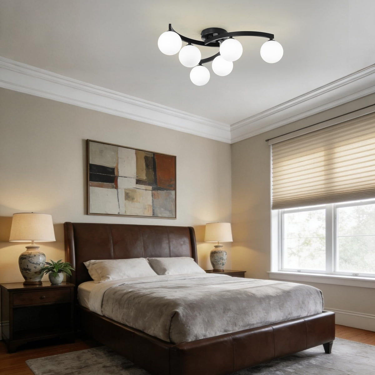 Modern Mid Century Black Glass Globe Semi Flush Mount Ceiling Light Fixture (6 Light)