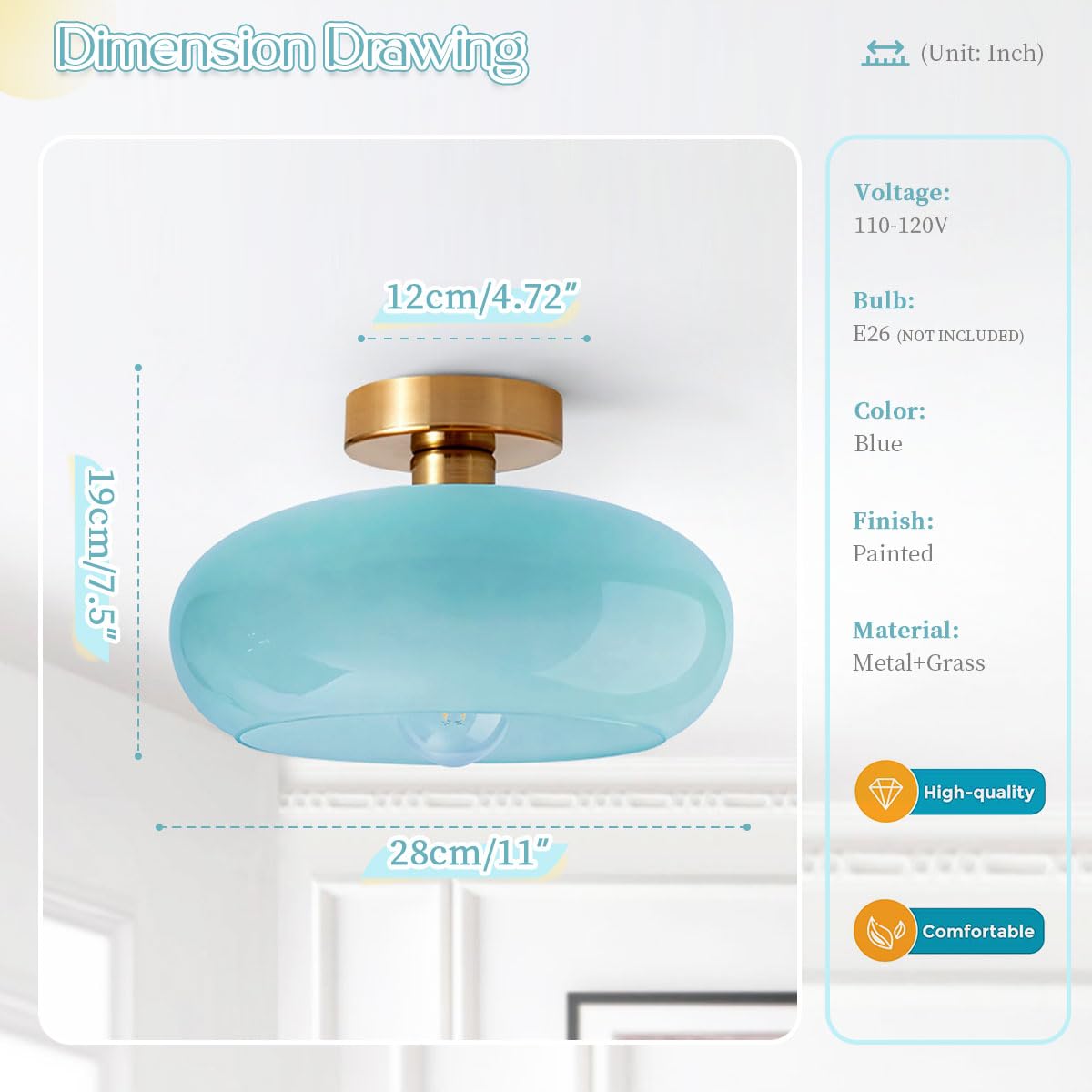Blue Close to Ceiling Light Fixtures Vintage Flush Mount Ceiling Lights 11" Round Dome Thickened Glass Shade Gold Mid Century Semi Flush Mount Light Hallway Entrance Lighting Fixture (Flush-Blue)