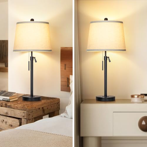 Black Single Table Lamp for Living Room Bedroom 22 to 30" Adjustable Height (Black+Beige Shade-Single)