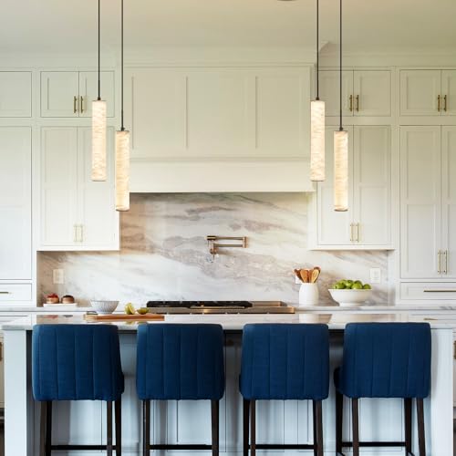 Natural Alabaster Pendant Lights for Kitchen Island White Marble Long Tube Chandelier 4000K Modern Black Ceiling Light Fixtures for Bedroom Dining Room Table Living Room Hallway (Black-NeutralLight / 13.9in-2Light)