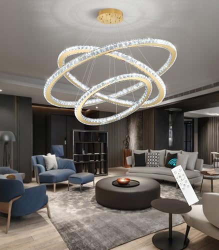 Modern Crystal Chandelier Dimmable LED Ceiling Light Fixture Luxury 3 Ring Stainless Steel Pendant Light for Living Room Dining Room Foyer Gold (Gold / 3-Ring 40")