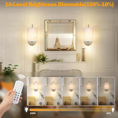 Battery Operated Wall Sconce Set of 2 (Brushed Nickel / Linen / Large)