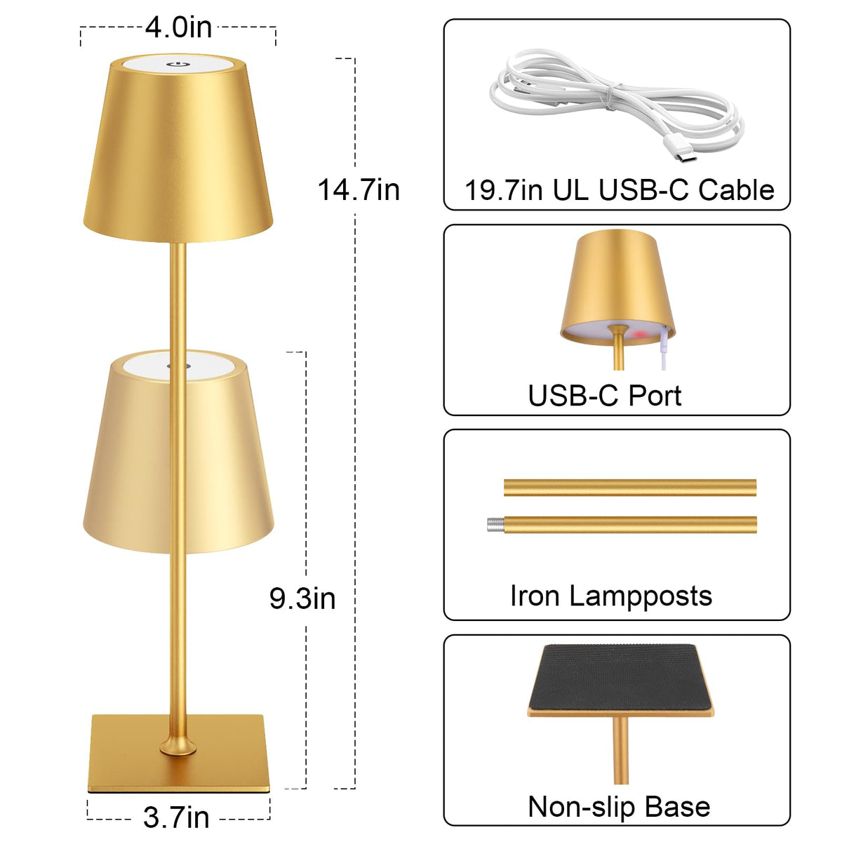Gold Cordless Rechargeable Table Lamp 5000mAh Battery Operated Lamps (Gold / 4 Pack 14in)