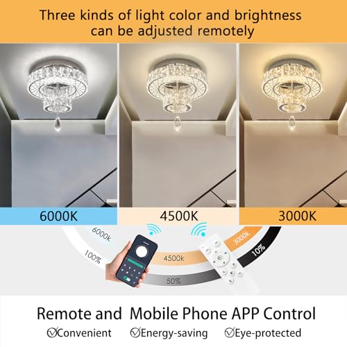 Modern Glam Ceiling Chandelier Bedroom Light Fixtures Crystal Flat Sloping Ceiling Lights for Hallway Kitchen Dining Room Dimmable Light with Remote Silver (12 inch / Silver)