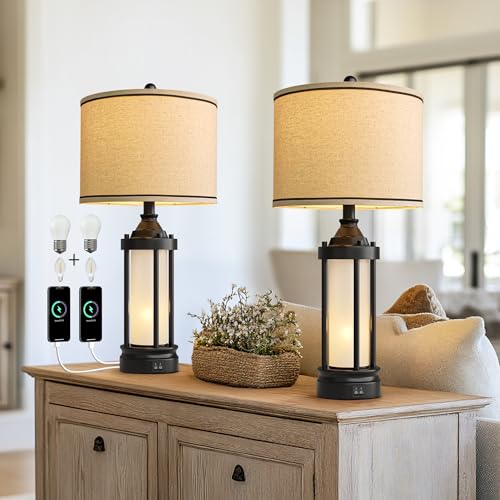 25'' Table Lamps for Bedroom Living Room Lamps Set of 2 Farmhouse Nightstand Bedside Lamps with USB Ports (Black & Beige)