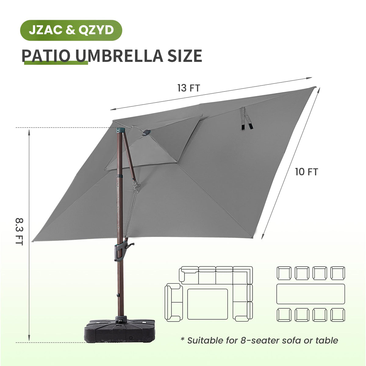 10x13 FT Cantilever Offset Patio Umbrella with Lights & Base (Grey)