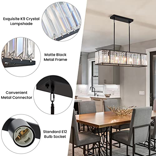 Modern Crystal Chandelier for Dining Room Rectangle Linear Crystal Pendant Ceiling Light for Kitchen Island Bar Pool Table