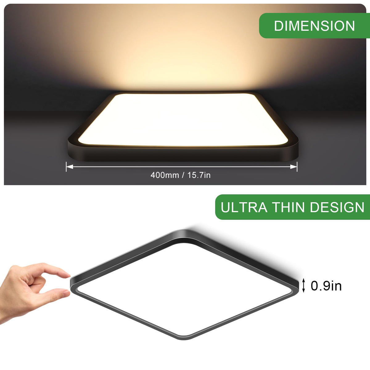 15.7Inch 32W Square LED Ceiling Light Fixtures Flush Mount (Warm White / 15.7 inch Black)