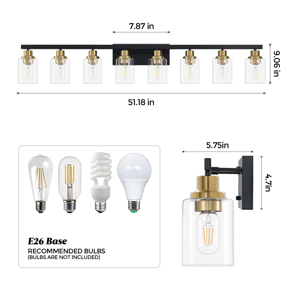 8 Light Bathroom Light Fixture Black and Gold Vanity Lights (Black & Gold / 8-light)