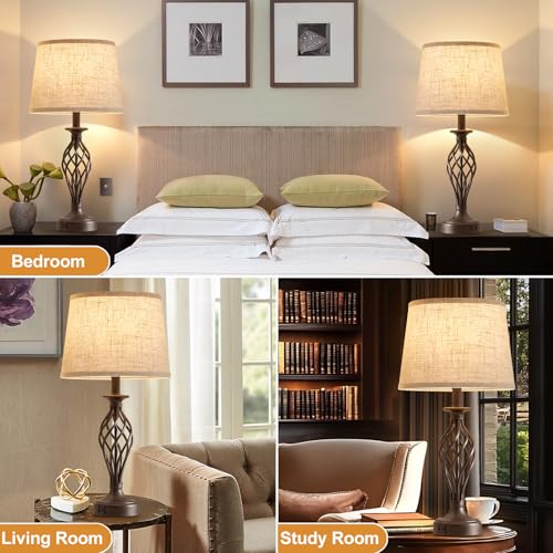 Table Lamp for Bedroom Set of 2 with USB C+A Ports (Brown Base + Beige Lampshade)