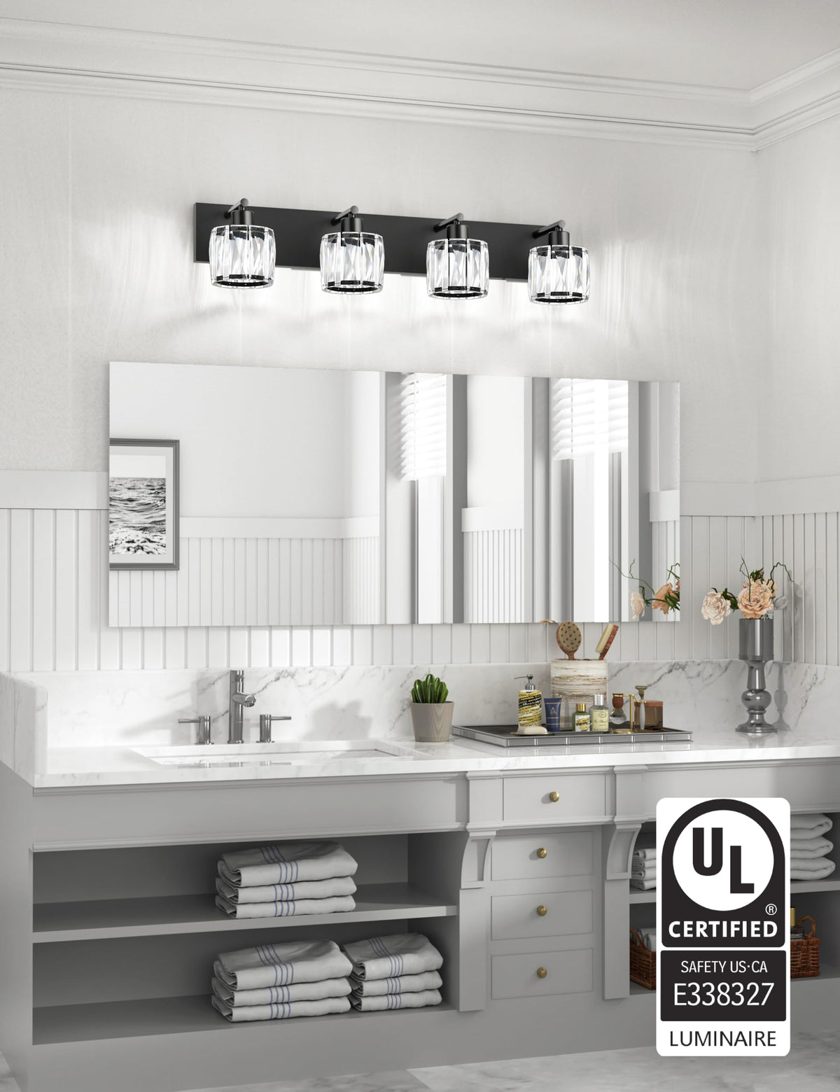 4 Light Crystal Bathroom Vanity Light Fixtures (Black-Round / 4 Light)