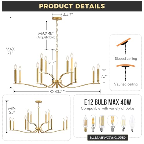 12 Light Gold Living Room Chandelier High Ceiling Foyer Candle Chandelier Large Modern Brass 44in Metal Chandeliers Hanging Light for Master Bedroom Dining Room Light Fixture Over Table (Gold / 44 inch)
