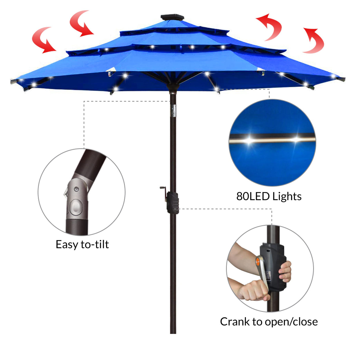 USA 10-Year-Non-Fading 9ft 3-Tier Market Patio Umbrella, Commercial Table Umbrella with 80 Solar LED Lights, Crank Open, Windproof & UPF 50+ UV Protection for Garden, Deck, Pool, Backyard, Royal Blue (Royal Blue / 9 FT(Triple Vents Tilt))