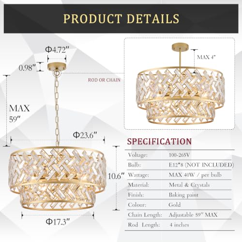 24" Gold Crystal Chandelier (Big Drum Gold)