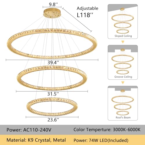 Modern Crystal Chandelier Dimmable LED Ceiling Light Fixture Luxury 3 Ring Stainless Steel Pendant Light for Living Room Dining Room Foyer Gold (Gold / 3-Ring 40")