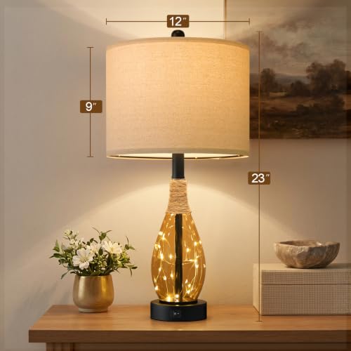 23" Table Lamps for Living Room Set of 2 Bedside Lamps for Night Stands Bedroom Lamps Farmhouse Rattan Boho Lamp Glass Nightlight End Table Lamp (Tea Brown)