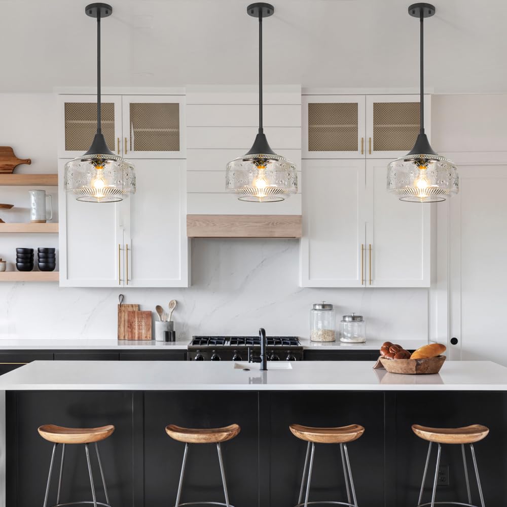 Black Pendant Lights for Island (Black+Clear Glass / 9.25in)