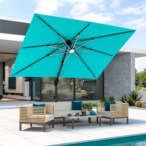 9x12 FT Cantilever Offset Patio Umbrella with Lights (Turquoise)