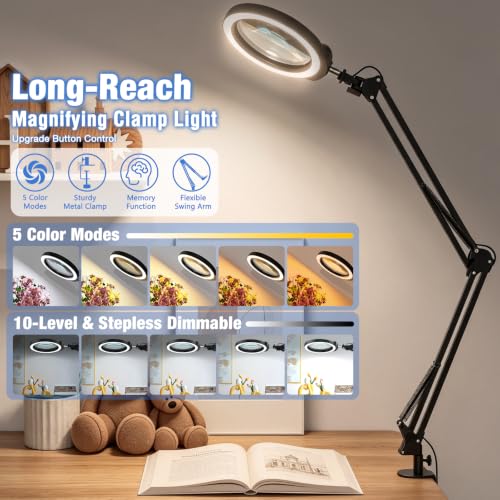 30X 12X Large Magnifying Glass with Light and Clamp