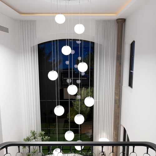 H 138" Large Chandelier with White Globe Glass Dimmable Ceiling Light Glass Pendant Light for Kitchen Island (Silver-White / Globe 15-Light)