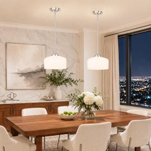 Brushed Nickel Vintage Pendant Lights Kitchen Island for Bathroom (Nickel+White Patterned Glass / 9.45in)