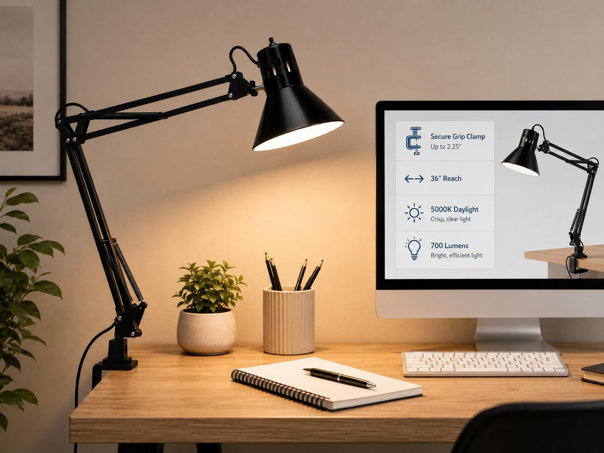 Office VLF100 LED Swing Arm Desk Lamp with Clamp Mount (36" Reach / Clamp, Black)