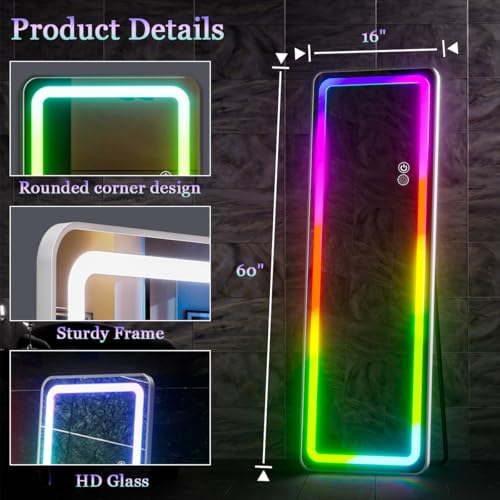 Full Length Mirror with LED Lights (Rgb Mirror-rectangular / 60"L x 16"W)
