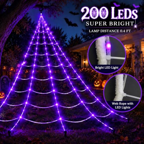 200 LED Halloween Spider Web Lights Purple Outdoor Light&Large Spider