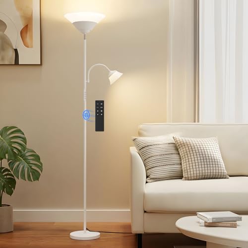 2-in-1 Torchiere Floor Lamp, 34W Super Bright LED Standing Lamp with Remote & Touch Control, 72" Dimmable Adjustable Corner Reading Lamp for Living Room, Bedroom, Office, White (White)