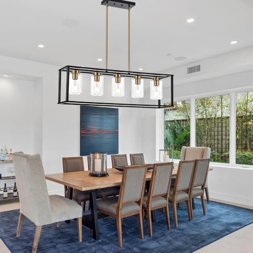 Farmhouse Chandeliers for Kitchen Island with Clear Glass Shade Black and Brushed Brass 5 Light Dining Room Lighting Fixtures Hanging (Brushed Brass / 5 Light)