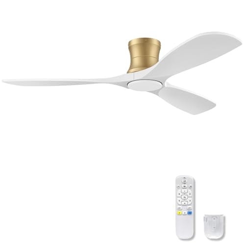52" Wood Flush Mount Ceiling Fans with Lights Remote (White& Gold)