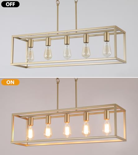 Gold Rectangle Kitchen Island Lights Rectangular Modern Industrial Chandelier for Dining Room 5 Lights Linear Vintage Cage Light Fixtures UL Listed (Gold)