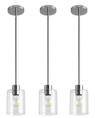 3 Pack Chrome Pendant Lights Kitchen Island Clear Glass Cylinder Shade (Chrome 3PK)