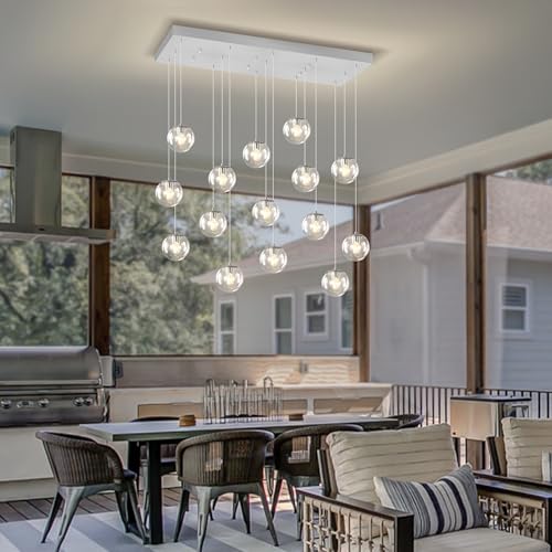 Glass Chandelier LED Modern Silver Pendant Light Globe Ceiling Light H157 Glass Ball Chandeliers for Staircase Living Room Hotel Hallway Foyer Entryway (Silver-Clear / Rectangle 16-Light)
