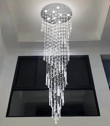 D24'' x H78'' Modern Crystal Chandelier High Ceiling Chandeliers for Entryway Glam Chandelier Large Raindrop Chandeliers LED Dimmable Light Fixtures for Staircaes Foyer Hallway Living Room (D24'' x H78'' Silver)