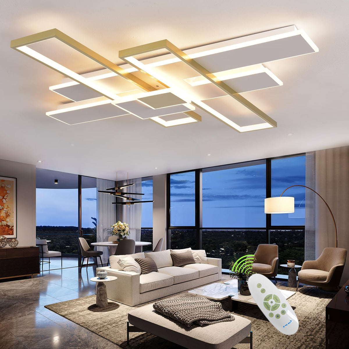 Large Modern LED Ceiling Light Fixture Flush Mount Dimmable Geometric Living Room Light Fixture Ceiling Lamps 3000K (Gold / X-Large,L41xW40in)