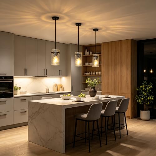Farmhouse Black Hammered Glass Pendant Lights for Kitchen Dining Room Foyer (Black-2 Pack)