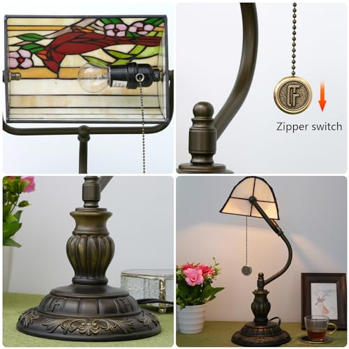 Northern Cardinal Bird Tiffany Bankers Desk Lamp Stained Glass Table Lamp Vintage Bedroom Bedside Office Study Pull Chain Reading Desk Light Gift Nightstand Aesthetic Antique Desklamp (Northern Cardinal Bird)