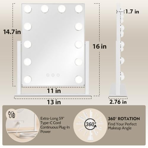 13x16 inch Hollywood Vanity Mirror with Lights (White / 16.1"L x 13"W)