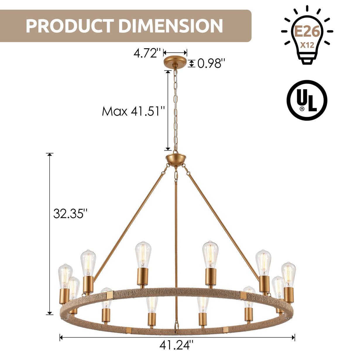 12 Lights Wagon Wheel Chandelier Bohemia Hand Woven Rattan Chandelier Farmhouse Large Pendant Light for High Ceilings Living Room Dining Room (Brass)