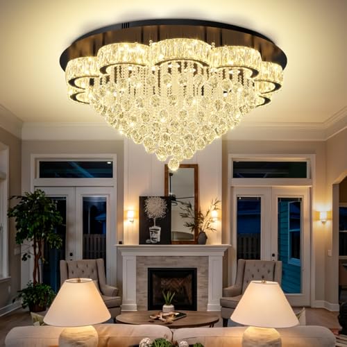 40in Black Modern LED Crystal Chandelier for Living Room Round Crystal Ceiling Light Fixtures Flush Mount Chandeliers Ceiling Chandelier for Foyer Hallway Dining Room (Black / 40inch)