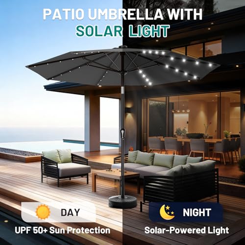 9FT Patio Umbrella with Solar Lights (Gray / 9 FT)