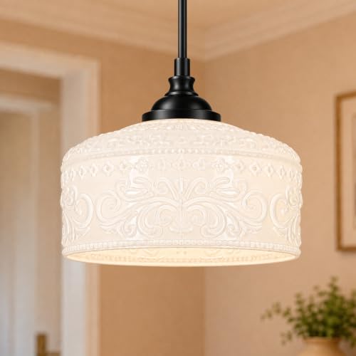 Black Vintage Pendant Light for Island Glass Kitchen Pendant Light (Black+White Patterned Glass / 9.45in)