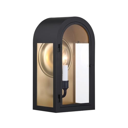 5-410-331 Grotto Modern Clear Glass Outdoor Wall Lantern, 1-Light 60 Watt, 15" H x 8" W, Matte Black with Vintage Gold (15" Height)