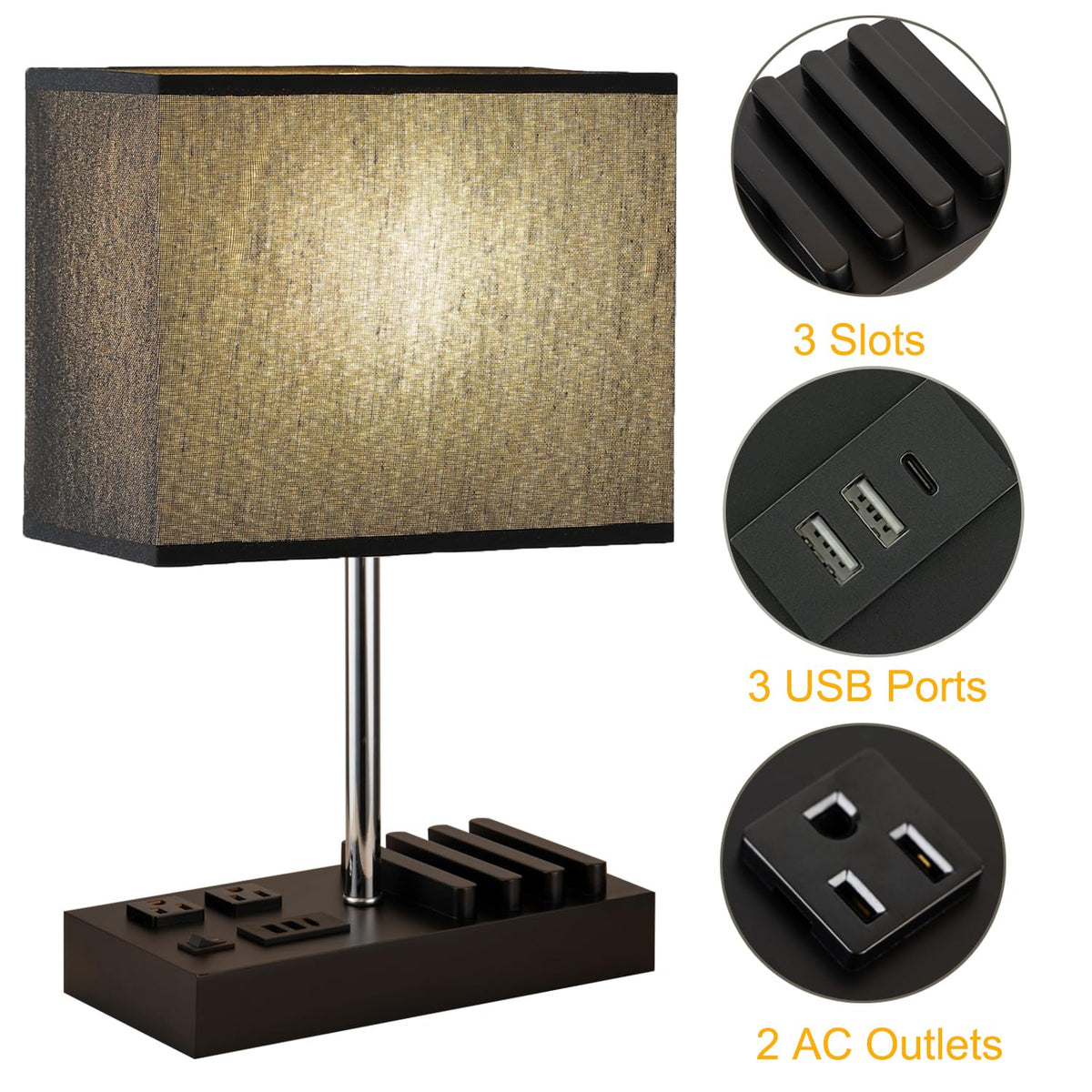 Multi Functional Table Lamp with 3 USB Charging Ports & 2 AC Outlet (Black Lamp Shade)