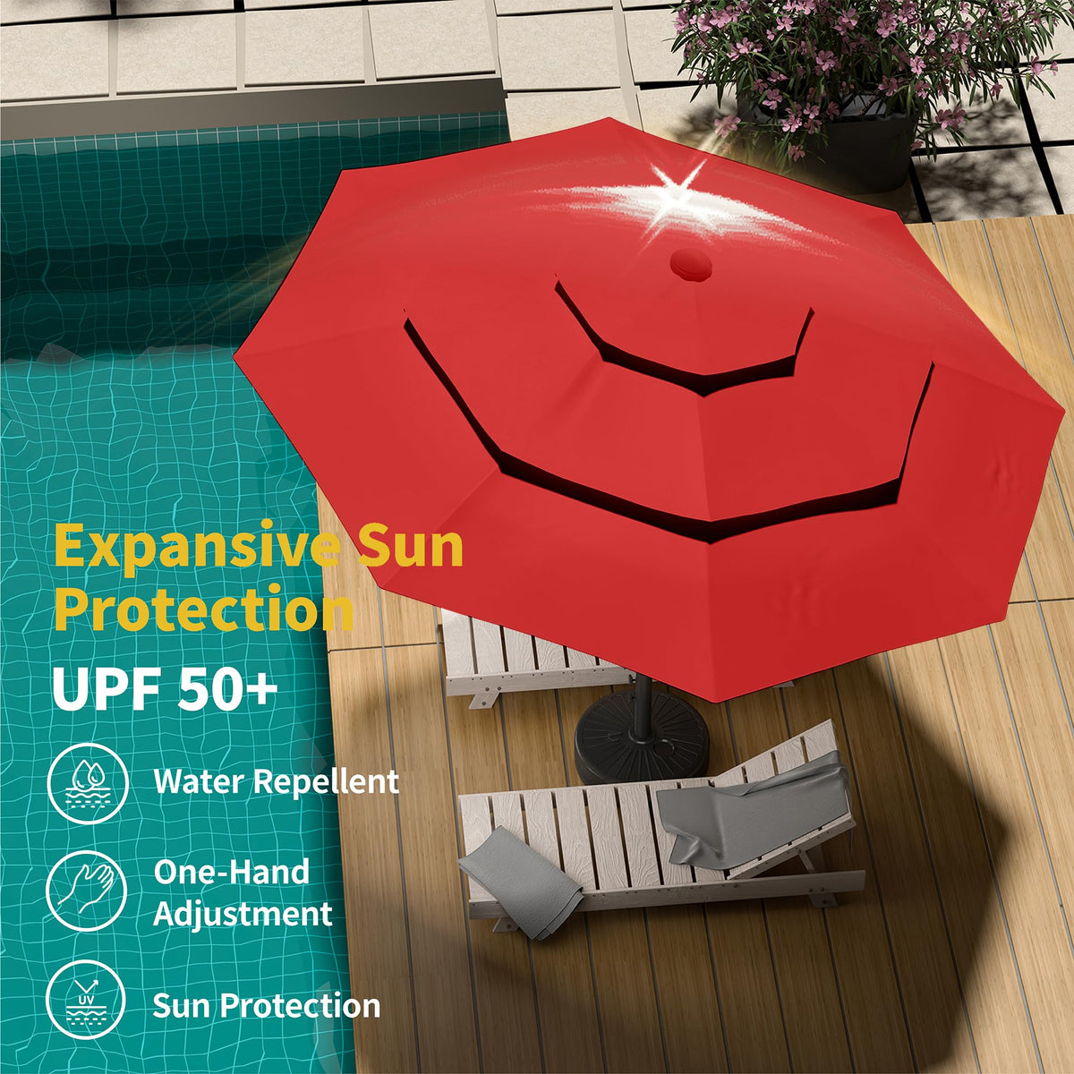 10ft 3 Tier Patio Umbrella with Solar Lights (Red-LED / 10 FT)