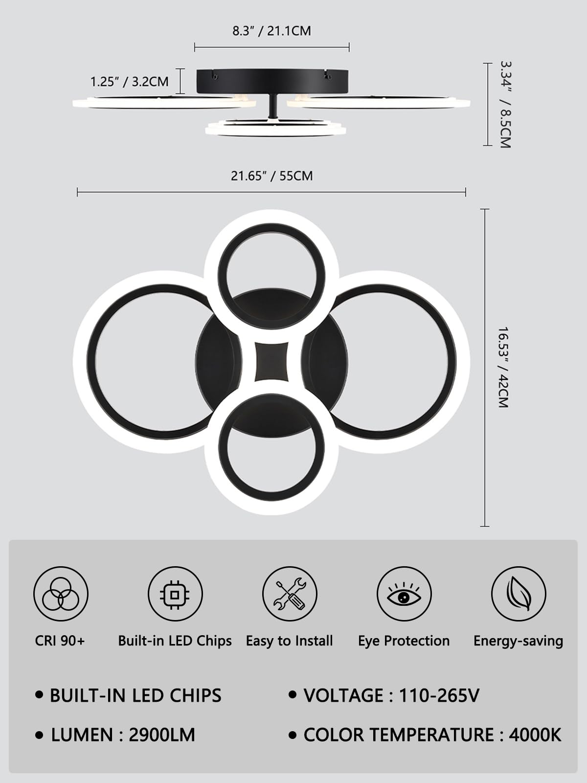 Modern LED Ceiling Light (4-Light / Black)
