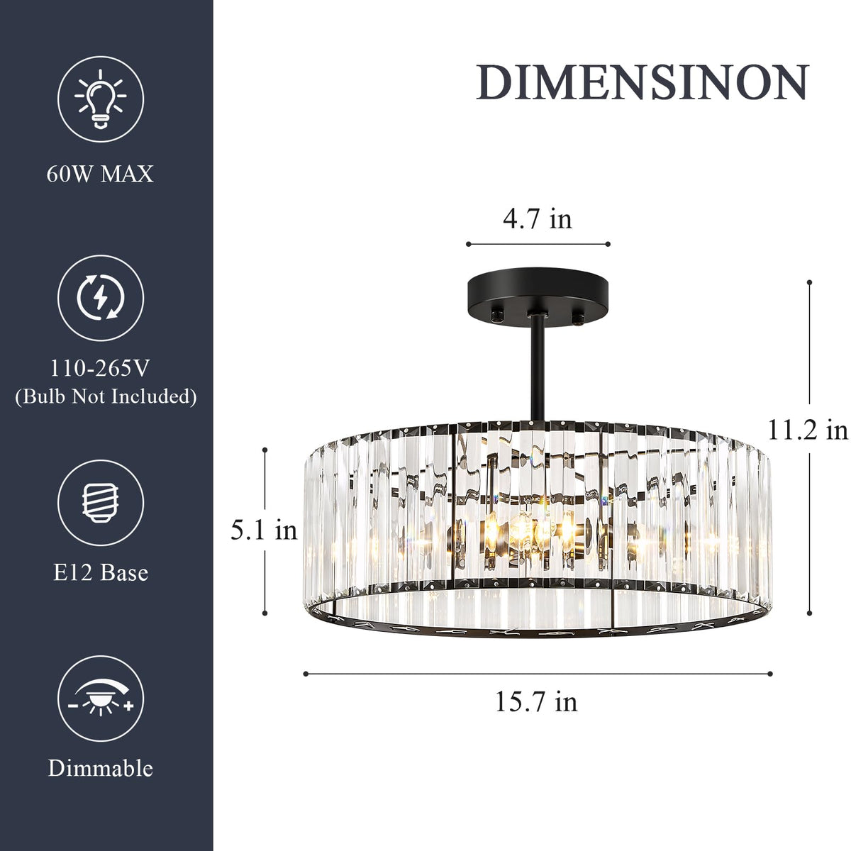 Crystal Black Ceiling Light (Black / 15.7 Inch)